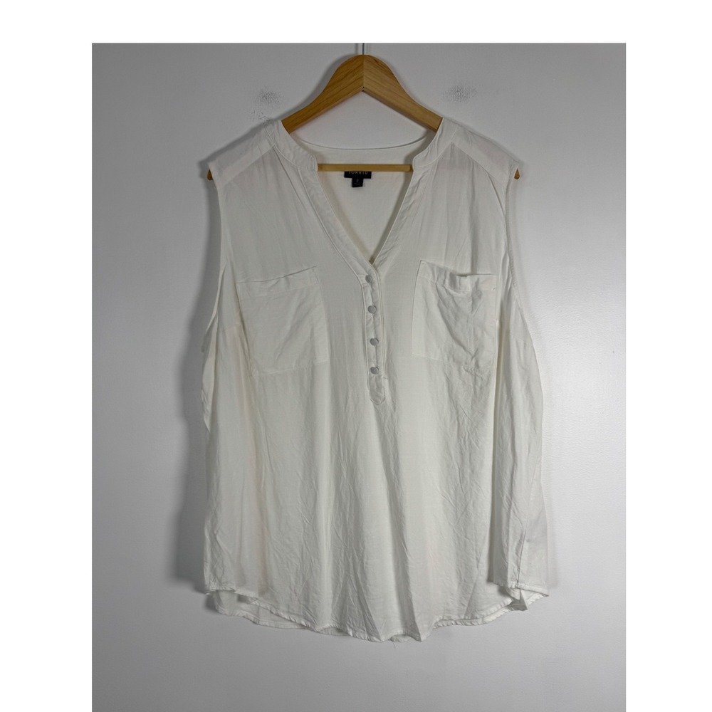 Coastal Torrid Womens 2X Sleeveless Henley Blouse White Linen Blend Pocket Top